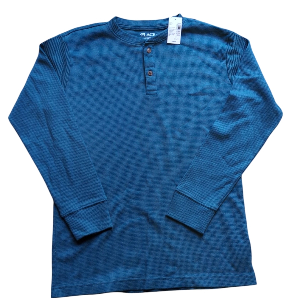 Children's Place Waffle Knit Henley Shirt, Boys XL Legion Blue Teal Long Johns